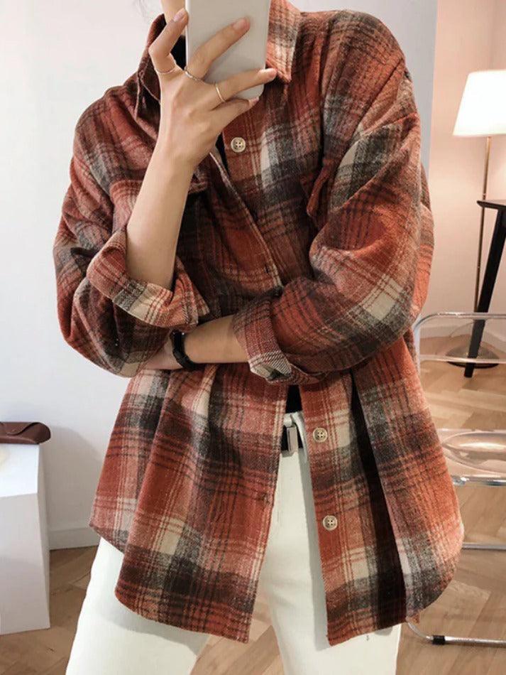 Maxct Vintage Plaid Brushed Long Sleeve Blouse
