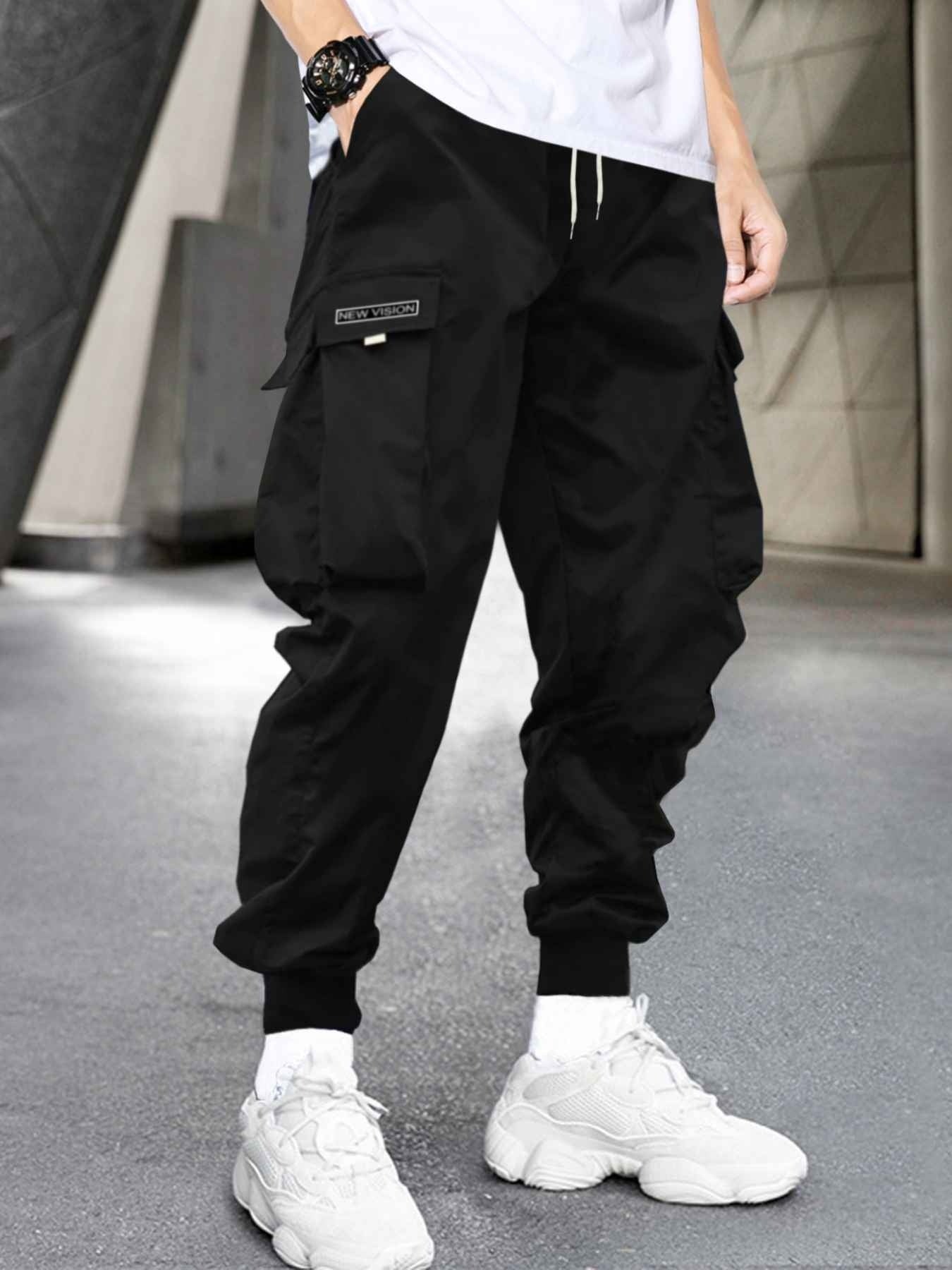 Maxct Men's Stylish Letter Graphic Cargo Pants with Flap Pockets - Drawstring Waist for Comfort