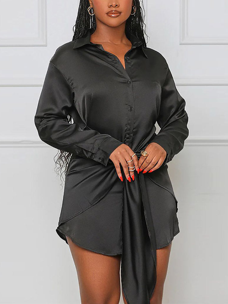 Satin Tie Waist Shirts Dress Maxct