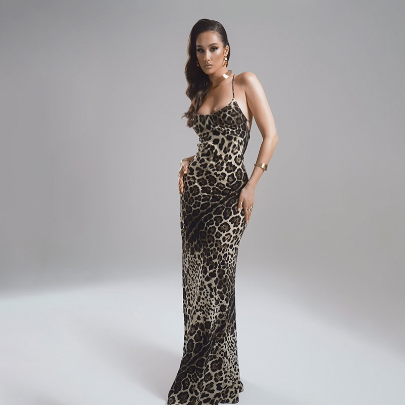 Maxct Summer 2024 New Slim Strap Dress Style Sexy Leopard Print Backless Strap Dress