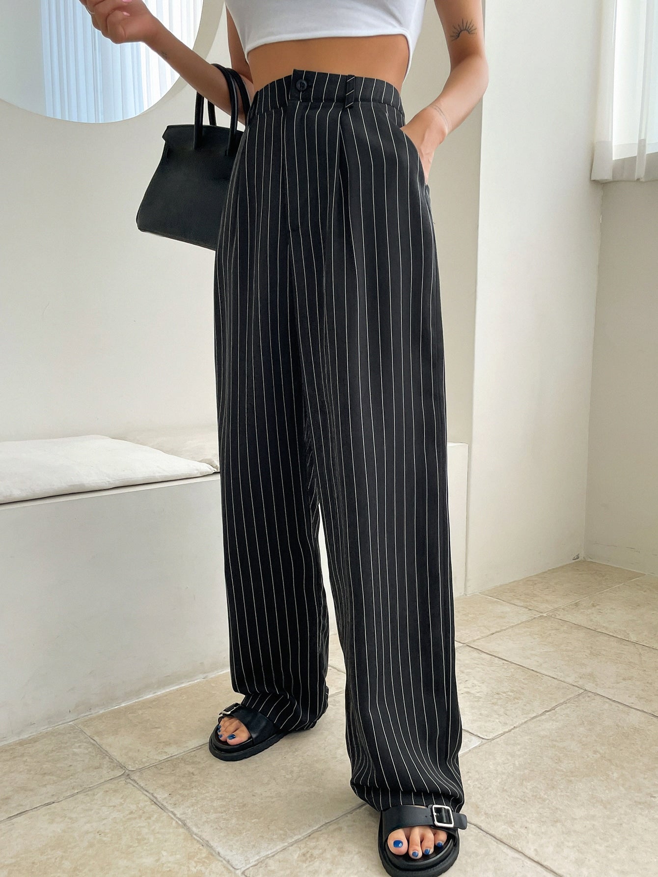 Maxct Striped Fold Pleated Tailored Pants