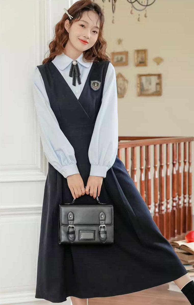 Corduroy Suede Midi Pinafore Dress & Blouse Set Maxct