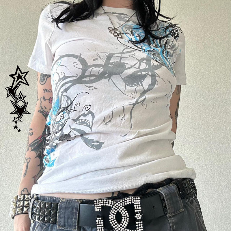Cyber Grunge E-girl Gothic Crop Tops Women's T-shirt 00s Retro Graphic Print Short Sleeve Tees Harajuku Japanese Y2K Clothes