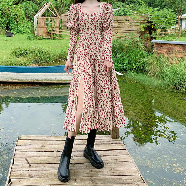Sweet Floral Corduroy Midi Dress Maxct