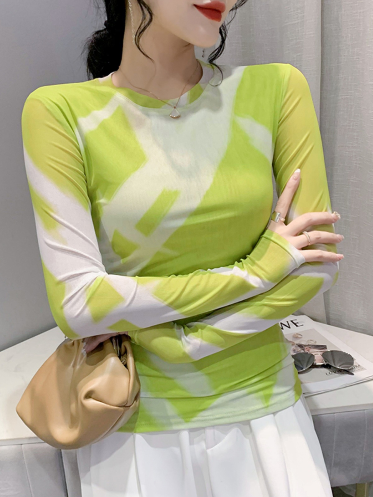 Maxct Fashion Printing Long-Sleeved Round Neck T-shirt Women Contrast Color Slim Double-Layer Mesh Tees Tops