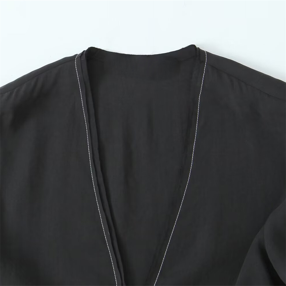 Autumn New Women's Fashion Simple Slim Fit Solid Color Deep V-neck Bow Tie Decorative Long Sleeve Shirt