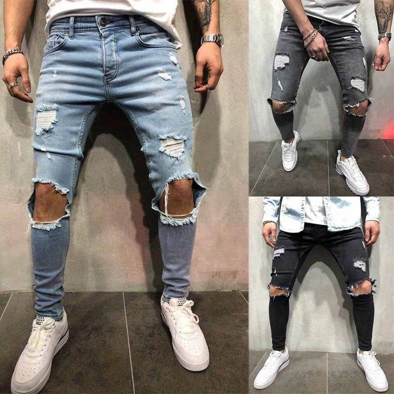 Maxct  Slim Fit Ripped Jeans, Men's Casual Street Style Distressed Mid Stretch Denim Pants For Spring Summer