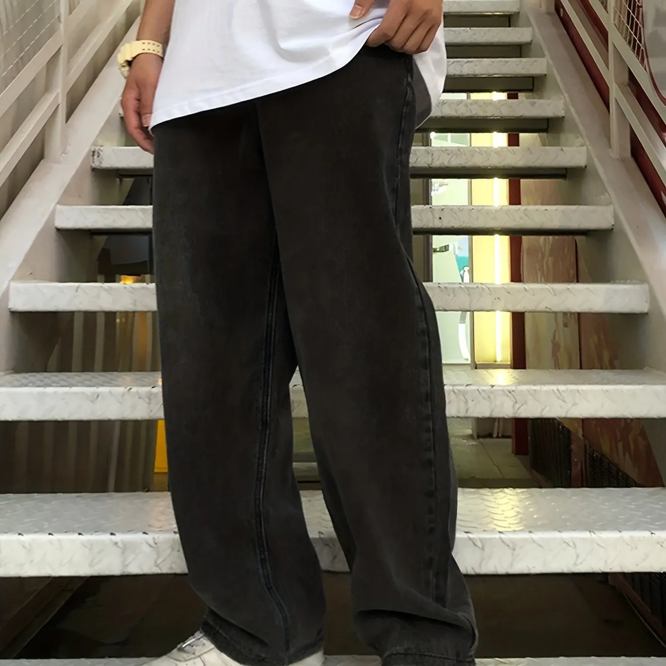 Maxct  Loose Fit Wide Leg Jeans, Men's Casual Street Style Solid Color Denim Pants For Spring Fall