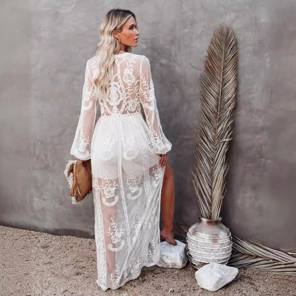 Maxct harajuku dress to impress Spring and Summer Women's Lace Long Dress V-neck Solid Color Chiffon Summer Dress