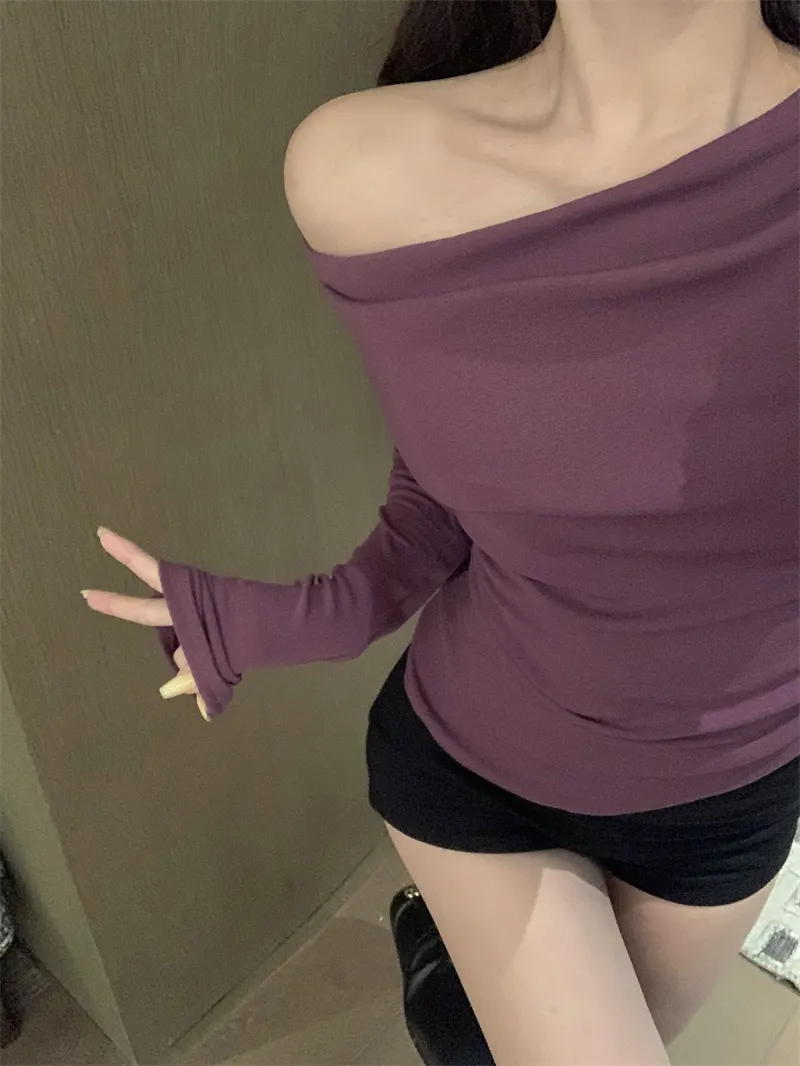 Black Solid Slash Neck Elegant Long Sleeve Tops Fashion Slim Sexy Cropped T Shirt Skinny Women Y2k Clothing Autumn Casual Shirts
