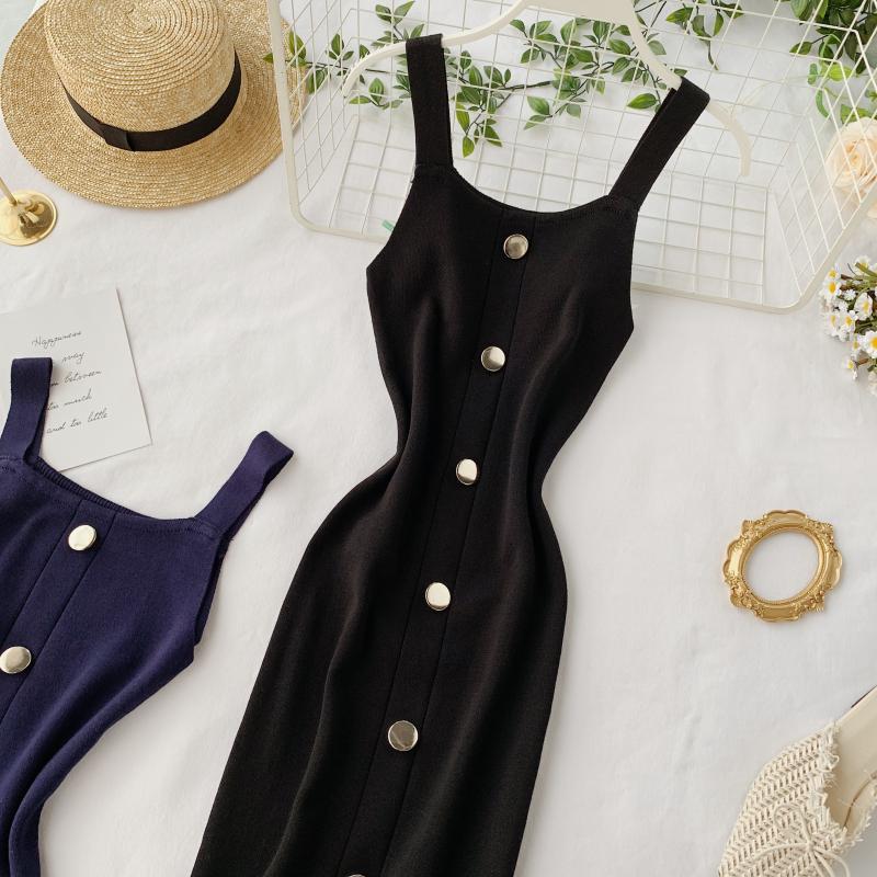 Summer Pink/Red/White/Black Women Knitted Dress Vintage High Waist Button Single-breasted Slim Casual Dress For Female New