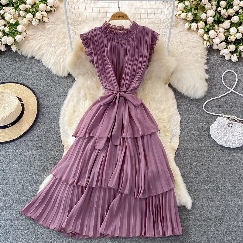 Women's Purple/Pink/Green Draped Dress Vintage Ruffle Stand Collar Sleeveless High Waist Party Pleated Vestidos Female New