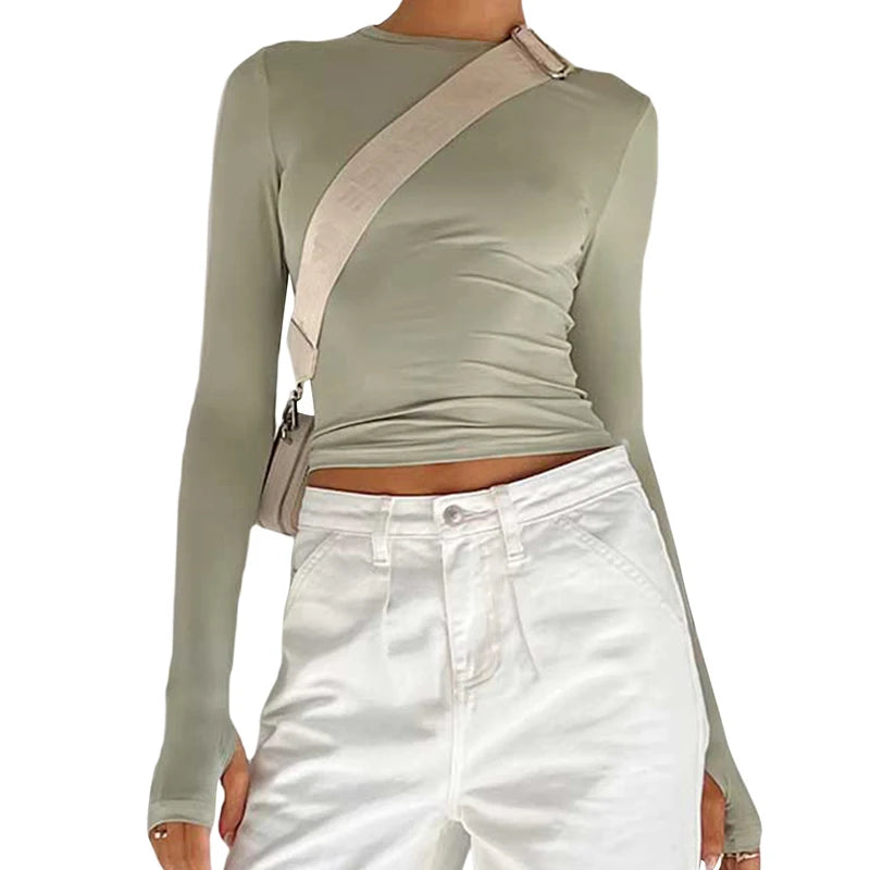 Maxct Female Korean Fashion Crop Tops Women Long Sleeve T-Shirts Solid Color O Neck Slim Fit Casual Basic Tees Going Out Outfits