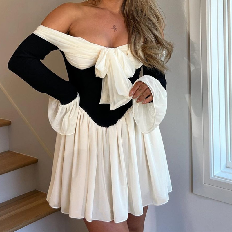 Women's 2024 Autumn New Sexy Off-shoulder French Court Style Elegant Waist Trumpet Sleeve Dress