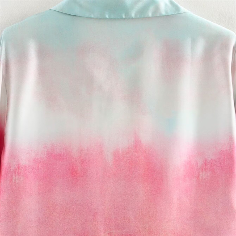 Autumn New Product Women's Fashion Silk Texture Tie Dyeing Printed Shirt High Waist Wide Leg Pants Set