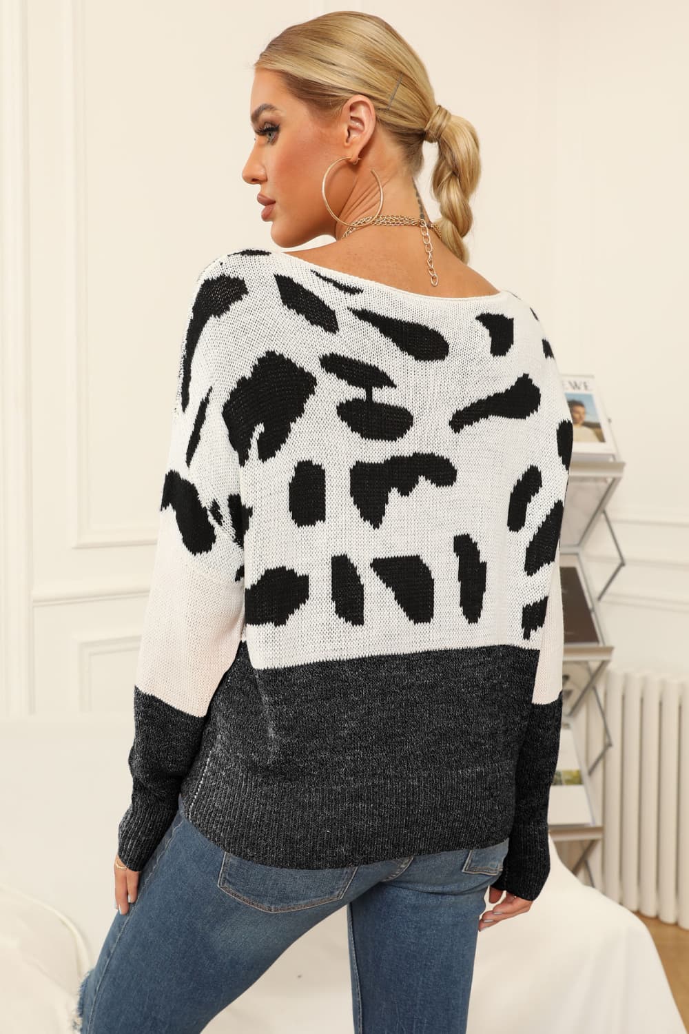 Maxct &Full Size Two-Tone Boat Neck Sweater