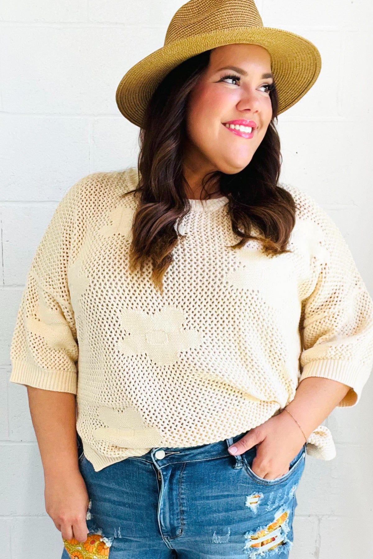 Maxct &Feel Charming Oatmeal Floral Netted Crochet 3/4 Sleeve Sweater Top