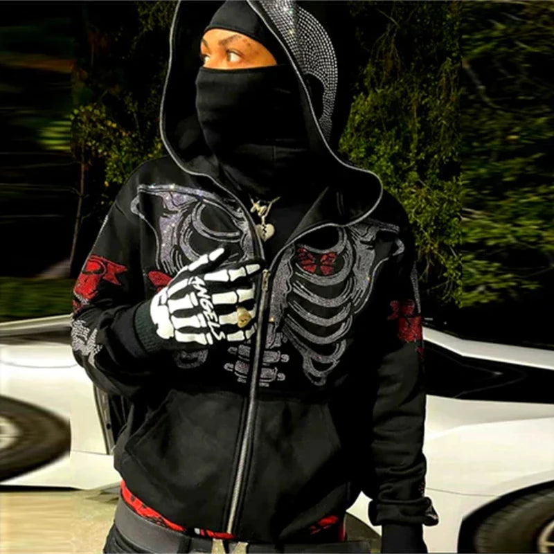 Unisex Rhinestone Skeleton & Butterfly Zip Hoodie