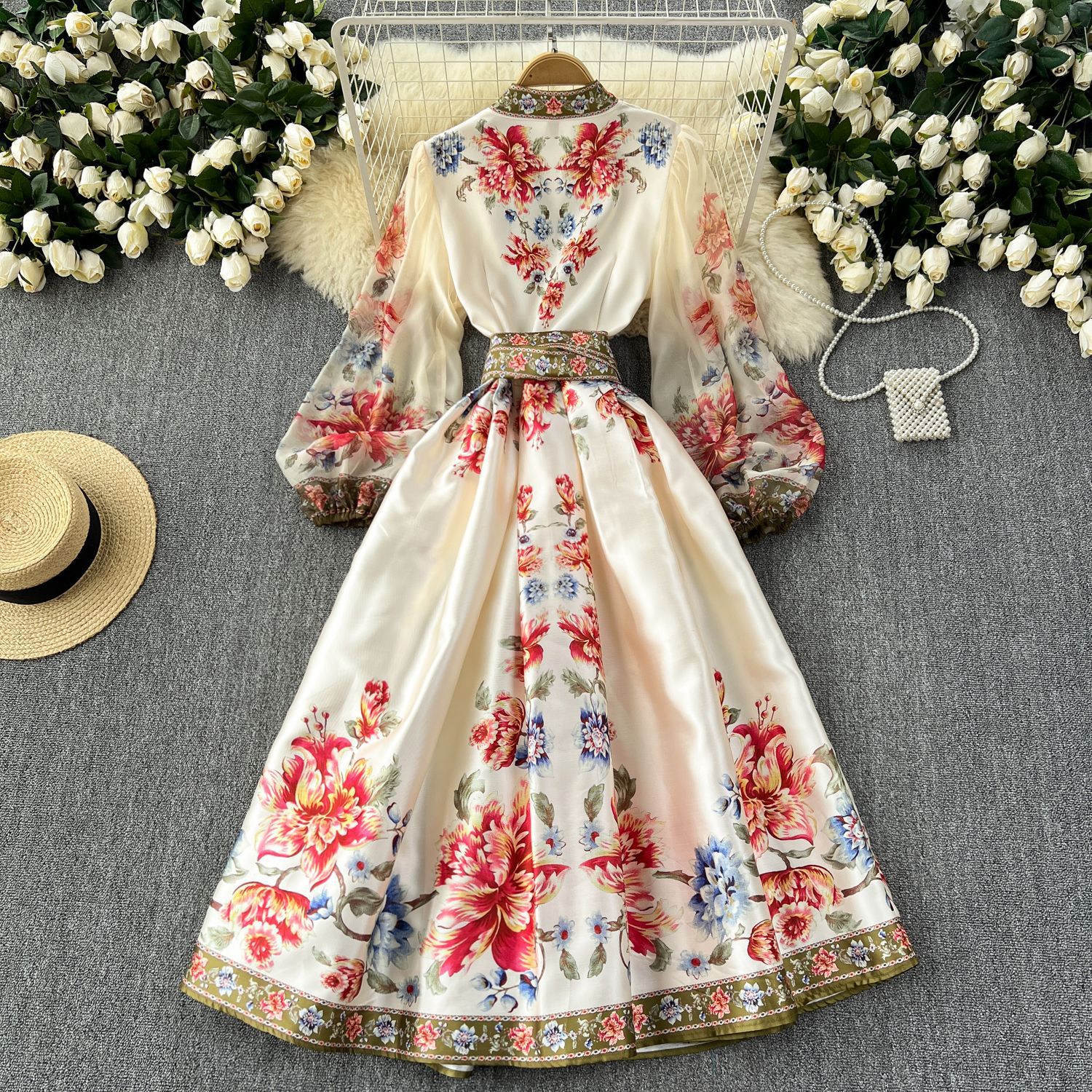 Maxct pop culture dress to impress French Retro Elegant Dress Women's High-Grade Court Style Printed Lace-up Waist-Tight Elegant Dress Long Skirt