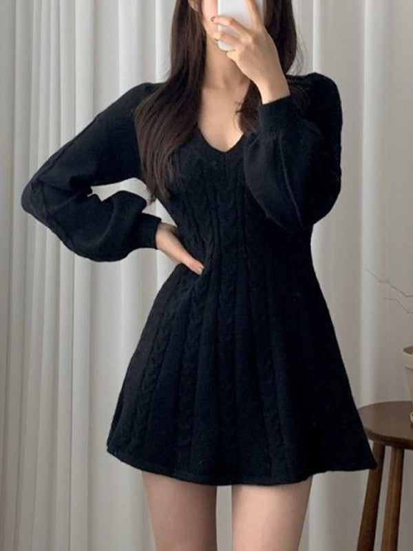 V Neck Cable Knit Long Sleeve Mini Dress Maxct