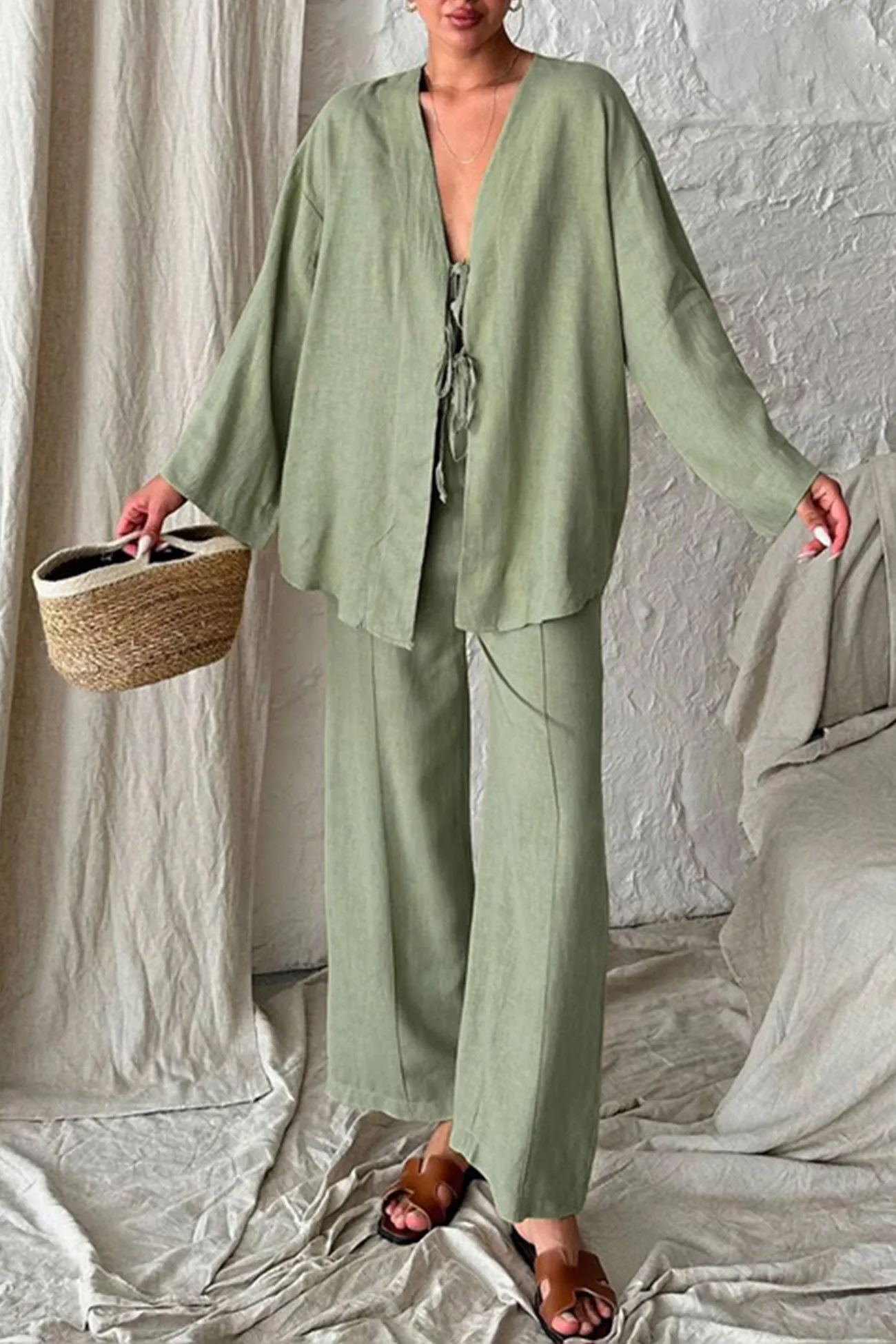 Maxct Tie-front Long Sleeve Shirt Cotton Suits