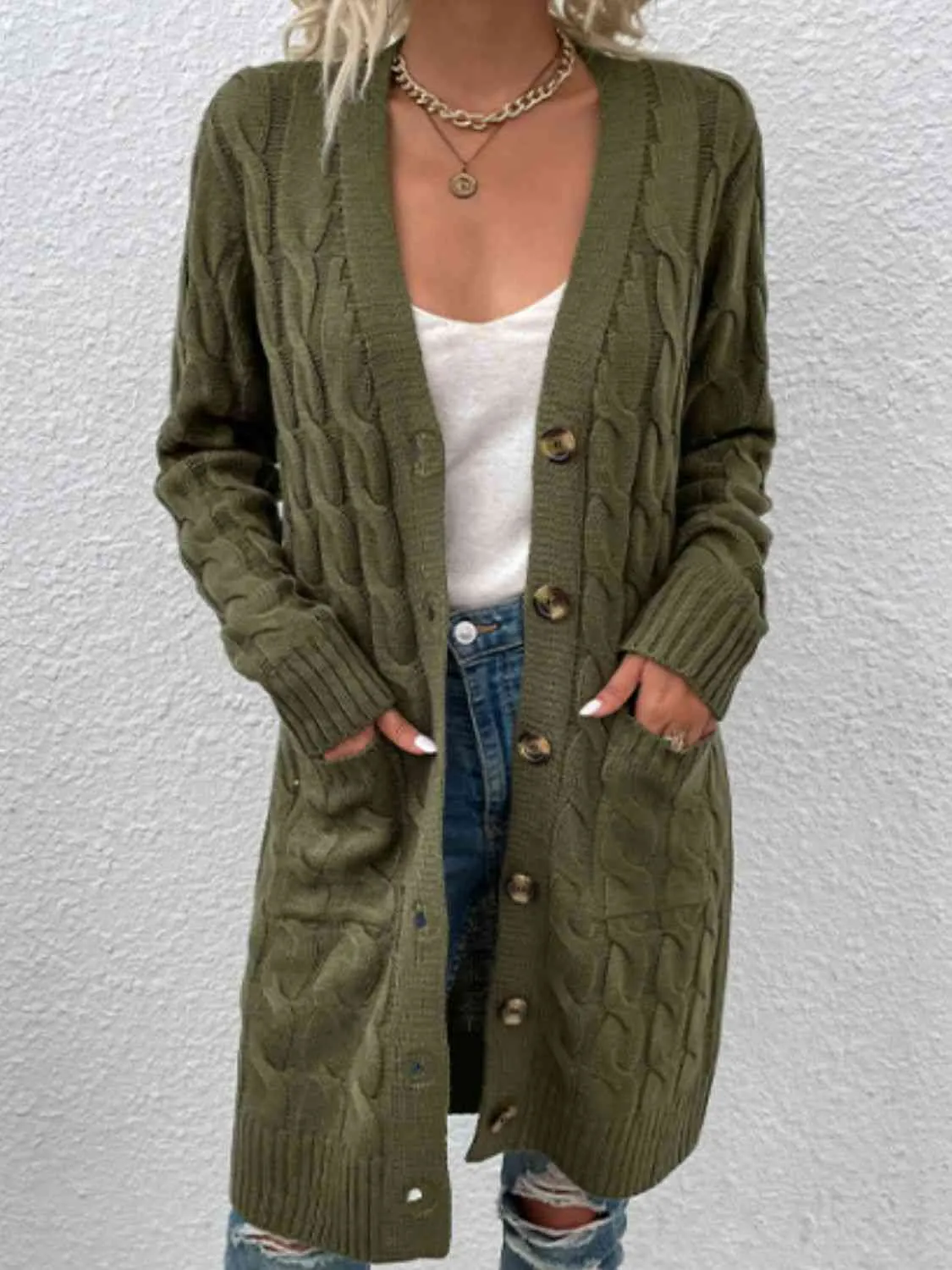 Maxct &Cable-Knit Button Down Cardigan with Pockets