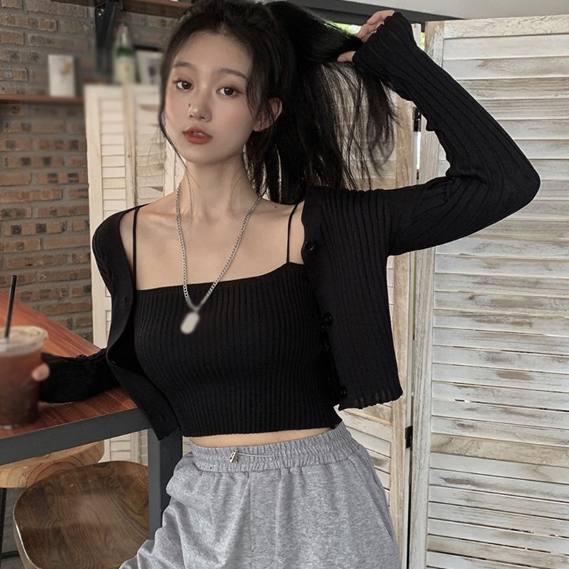Maxct Set Sling Short Knitted Cardigan For Woman Sweaters Femme Chandails Pull Over Tops