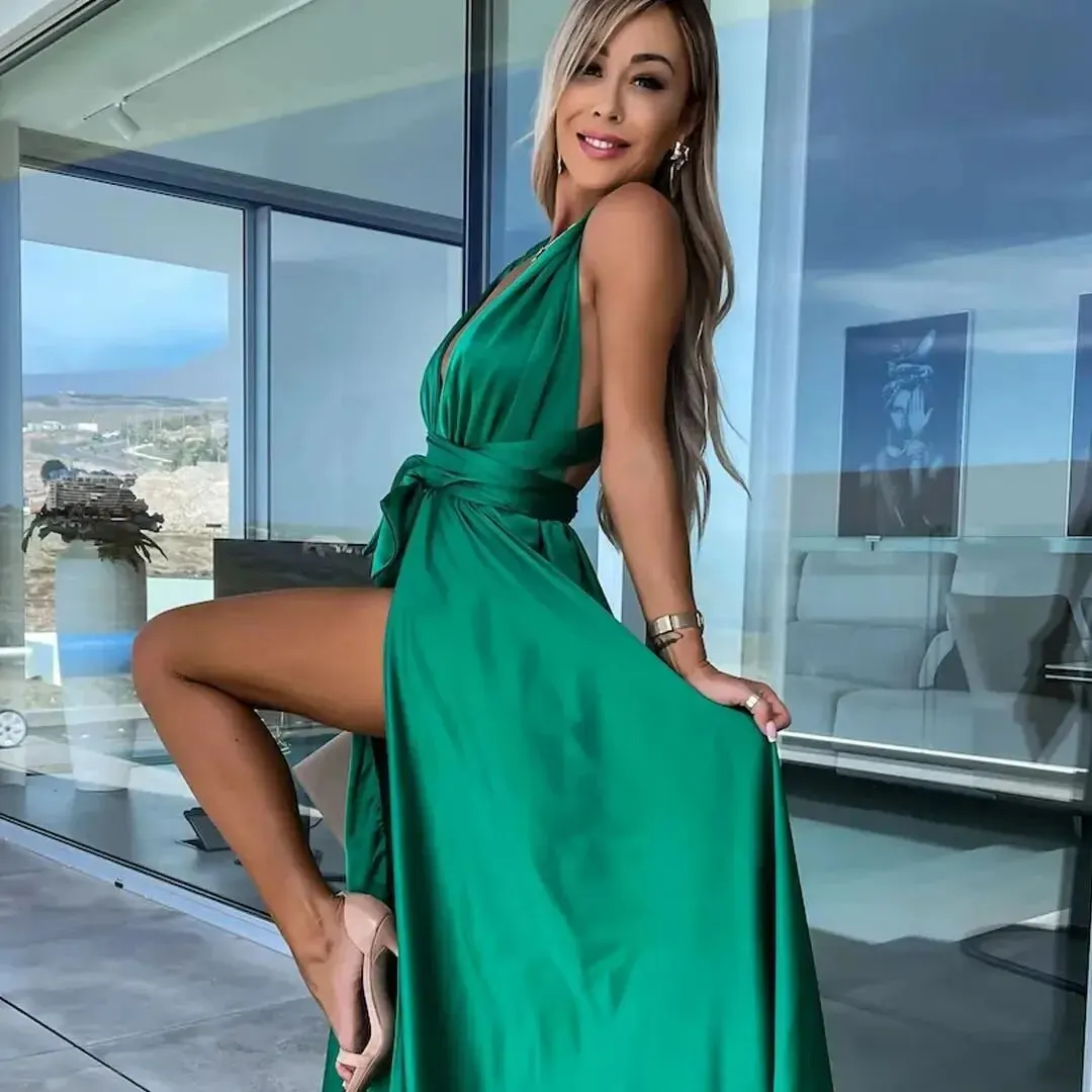 Maxct Summer Sexy Solid Casual Women Dress Sleeveless Deep V Tie Up High Split Long Dress Evening Party Elegant Lady Maxi Dress