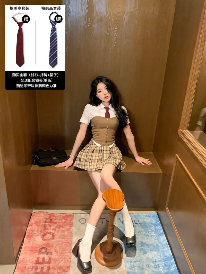 Maxct Hot Girls College Style Suit Women's Fishbone Tank Top Short-sleeved Shirt Pleated Mini Skirt Fashion Two-piece Set