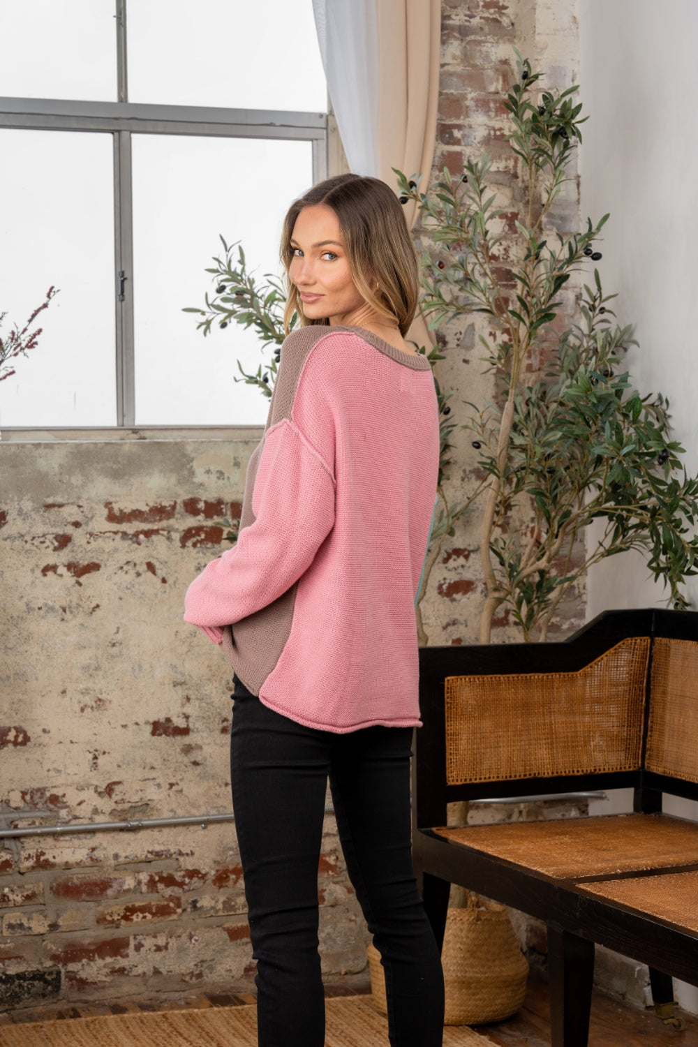 Maxct &Sew In Love Full Size Color Block Drop Shoulder Sweater