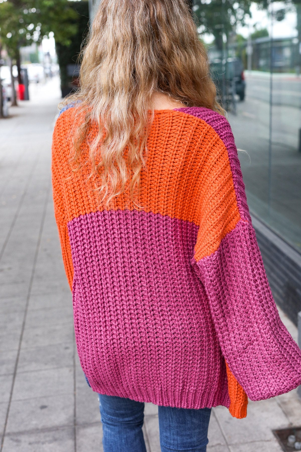 Maxct &Dazzle In Magenta & Navy Chunky Knit Color Block Cardigan