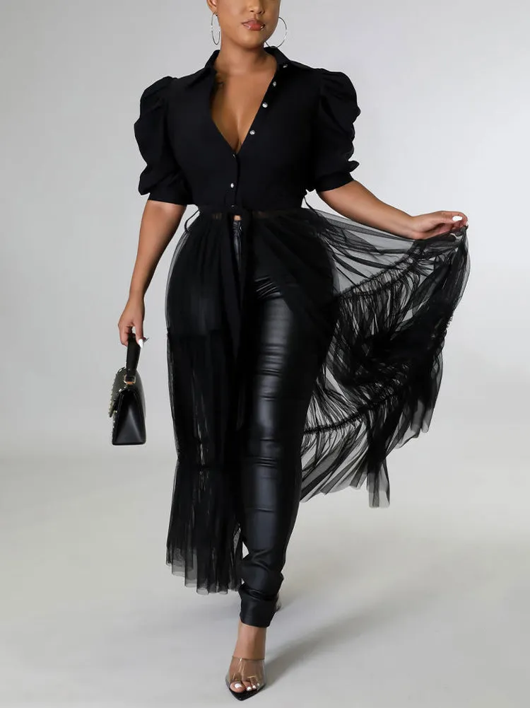 Long Sleeve Mesh Shirt Dress with Belt Maxct