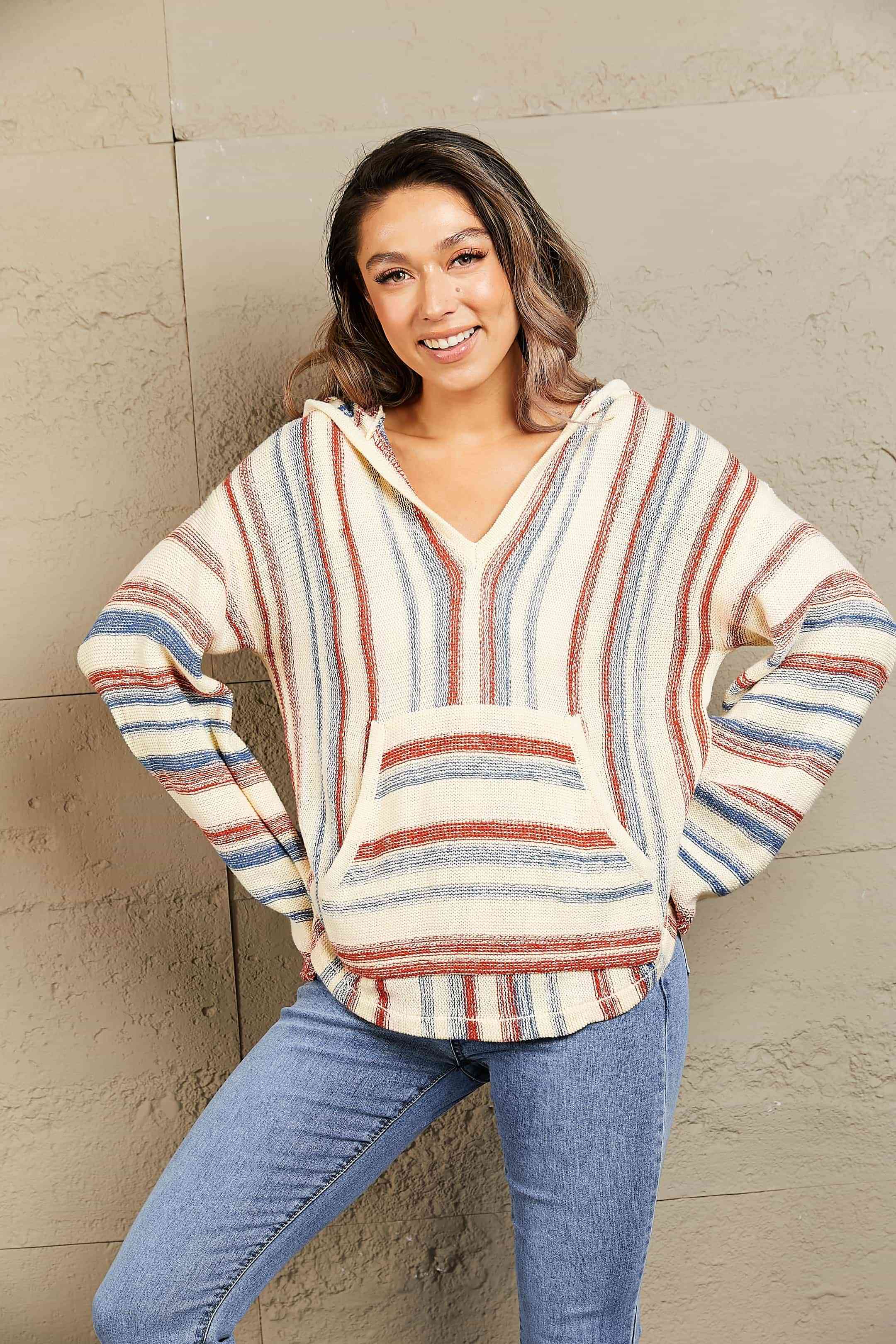 Maxct &Striped Hooded Sweater with Kangaroo Pocket