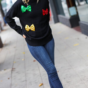 Maxct &Be Merry Black Multicolor Sequin Bow Knit Sweater