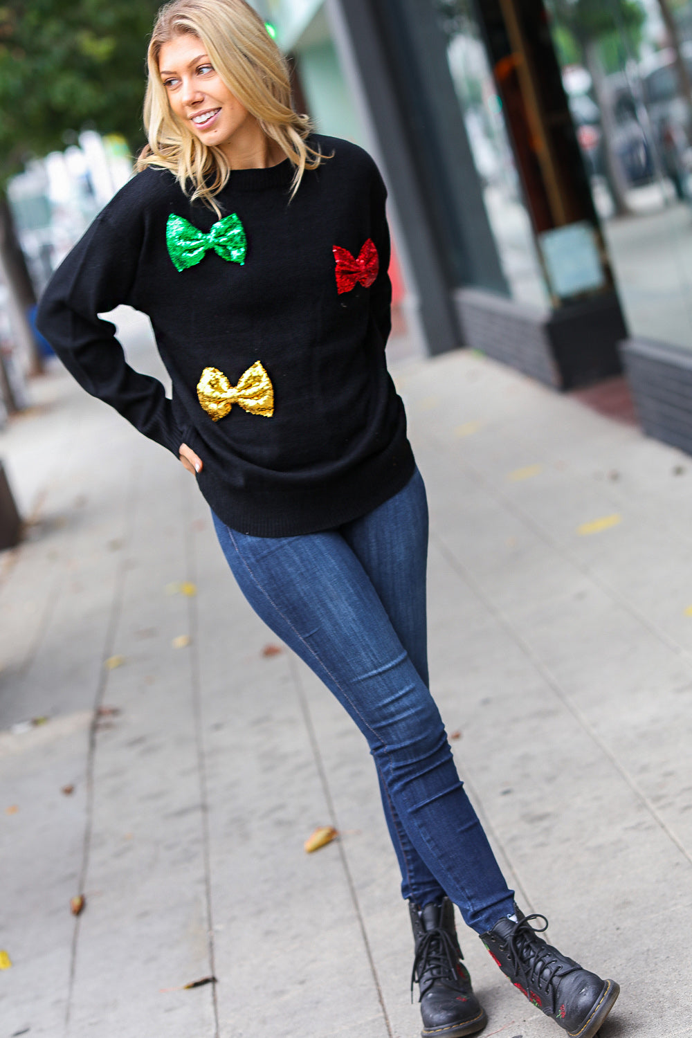 Maxct &Be Merry Black Multicolor Sequin Bow Knit Sweater