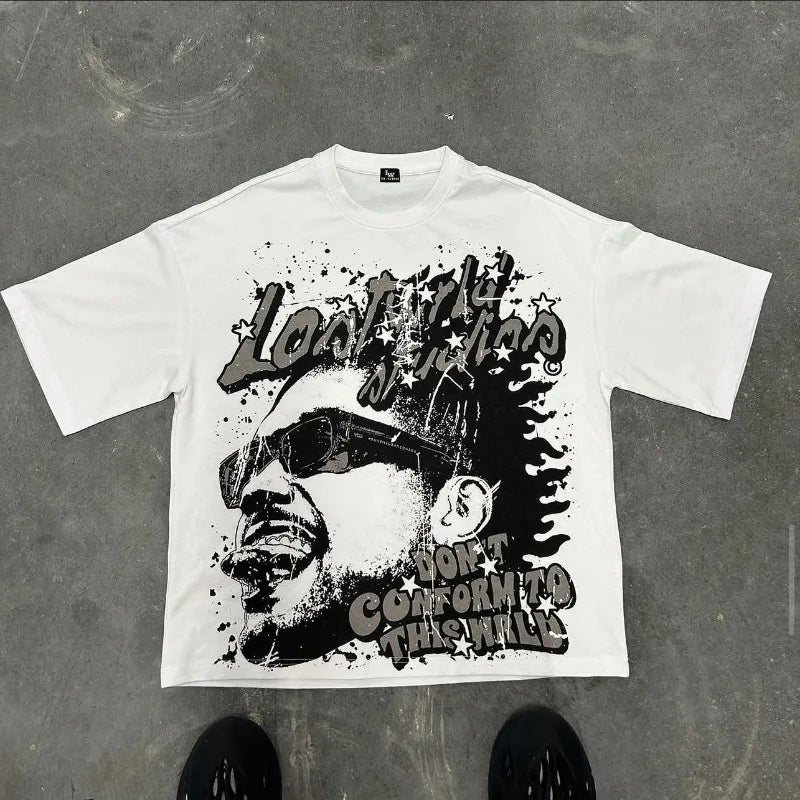 Maxct Y2K Streetwear Retro Gothic Graphic Letter Print Oversized T-Shirt Men's Fashion Harajuku Loose Versatile Short Sleeve Top