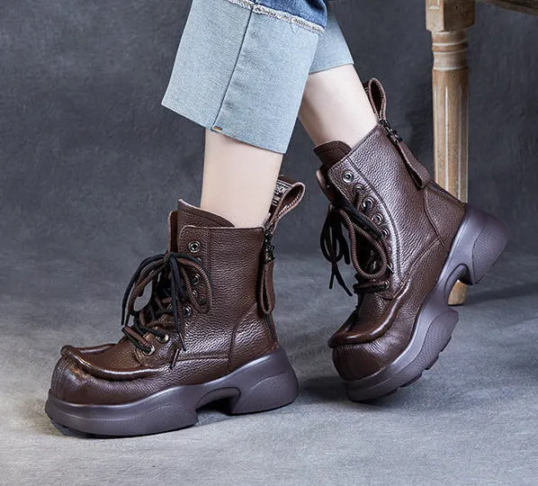Ladies Stylish Square Toe Platform Lace-Up Leather Martin Boots