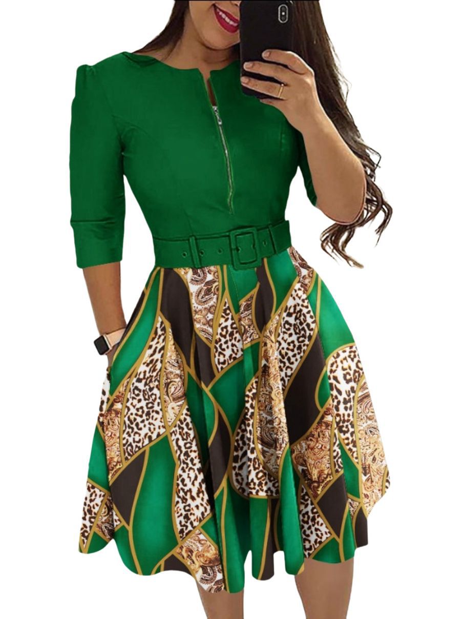 Women's Printed Belted Fit-and-Flare Dress