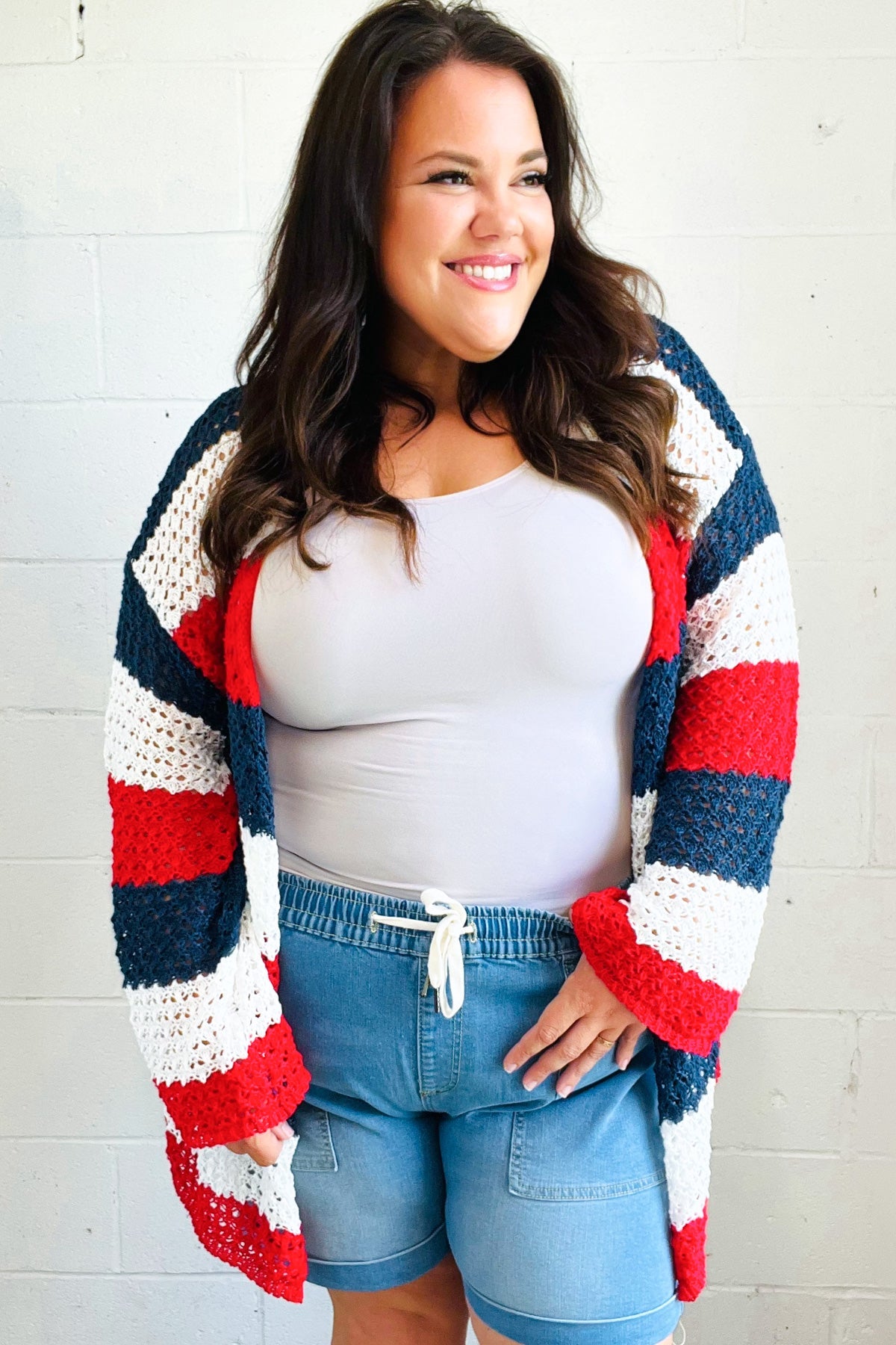 Maxct &Simply Patriotic Red White & Blue Striped Crochet Cardigan