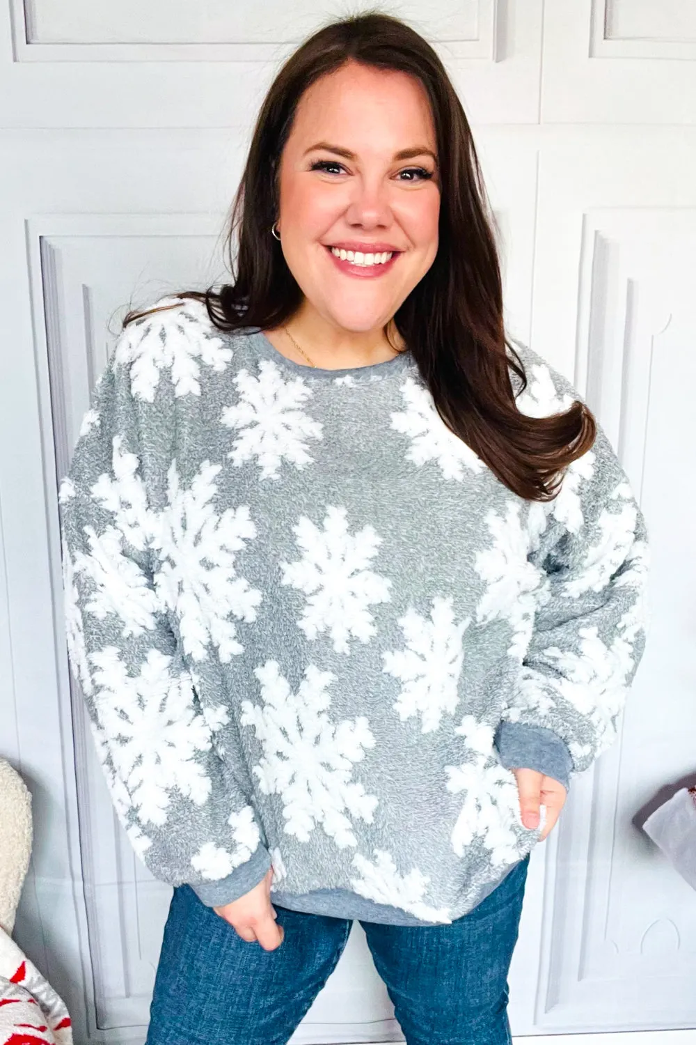 Maxct &Season Greetings Silver Puffy Snowflake Sherpa Pullover