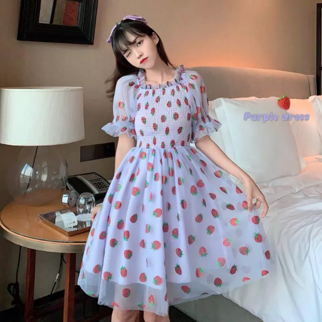 Strawberry Printed Elegant Chiffon Transparent Dress Maxct