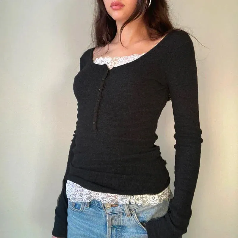 Maxct Y2K Fairy 90s Vintage V Neck Crop Tops Women 00s Retro Cottage Grunge T-shirt Autumn Ribbed Knitted Long Sleeve Slim Fit Tees