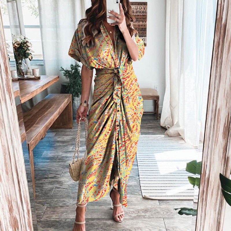 Maxct Short Sleeve Spring Dresses Fashion Summer Turn-down Collar Women Party Dress Elegant Button Office Lady Shirt Dress