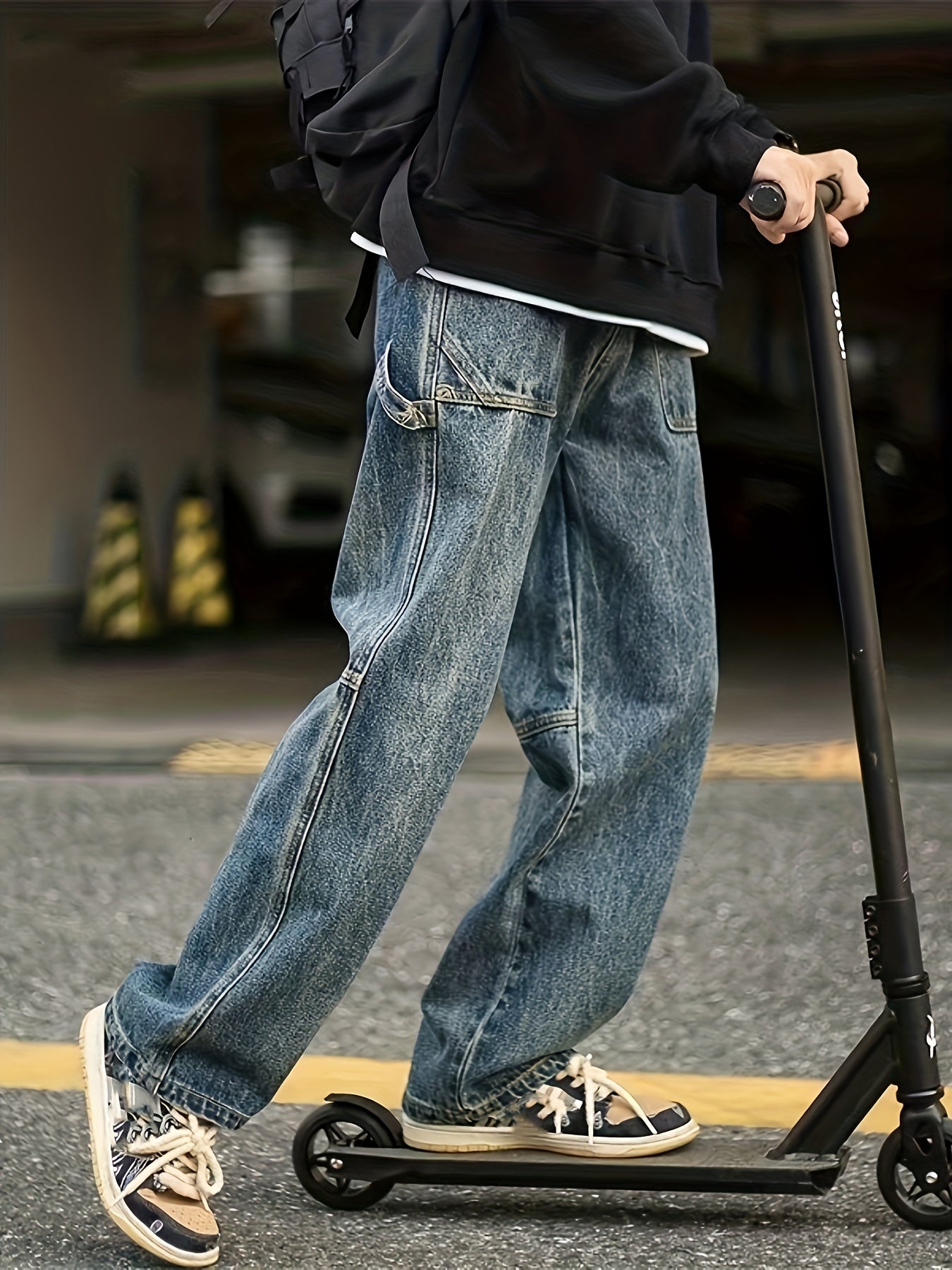 Maxct  Wide Leg Cotton Jeans, Men's Casual Street Style Patchwork Denim Pants For Spring Summer