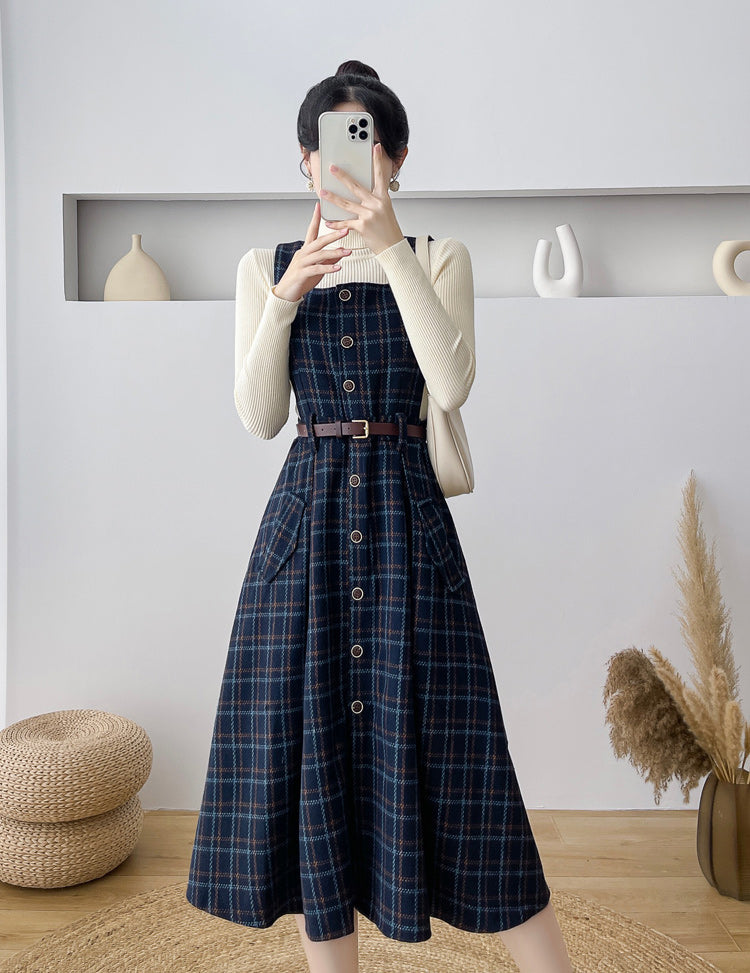 Button Up Plaid Pinafore Dress Maxct