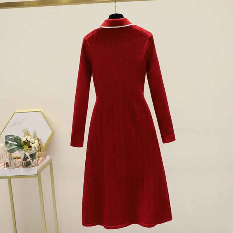 Maxct Winter New Knitted Bottoming Dress for Women High-end Temperament Lapel Long Sleeve Button Deco A-line Sweater Long Dress