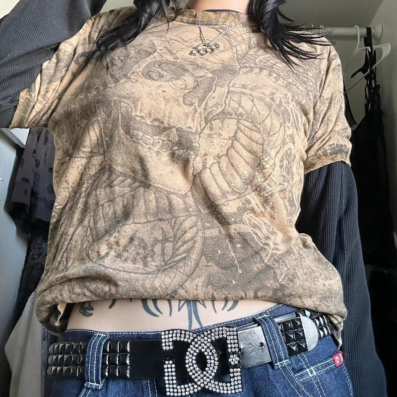 Japanese Edgy 00s Retro Gothic Emo T-shirt Cyber Y2K Grunge Mall Goth Top Patchwork Full Sleeve Baggy Pullovers Tees