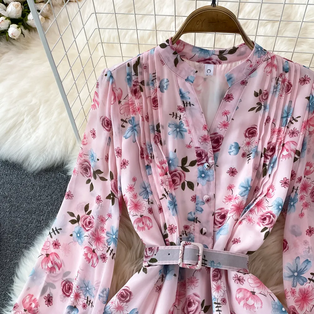 Floral Midi Dress Women Elegant V-Neck Lantern Long Sleeve High Waist Draped A-Line Casual Vestidos Female Spring Autumn