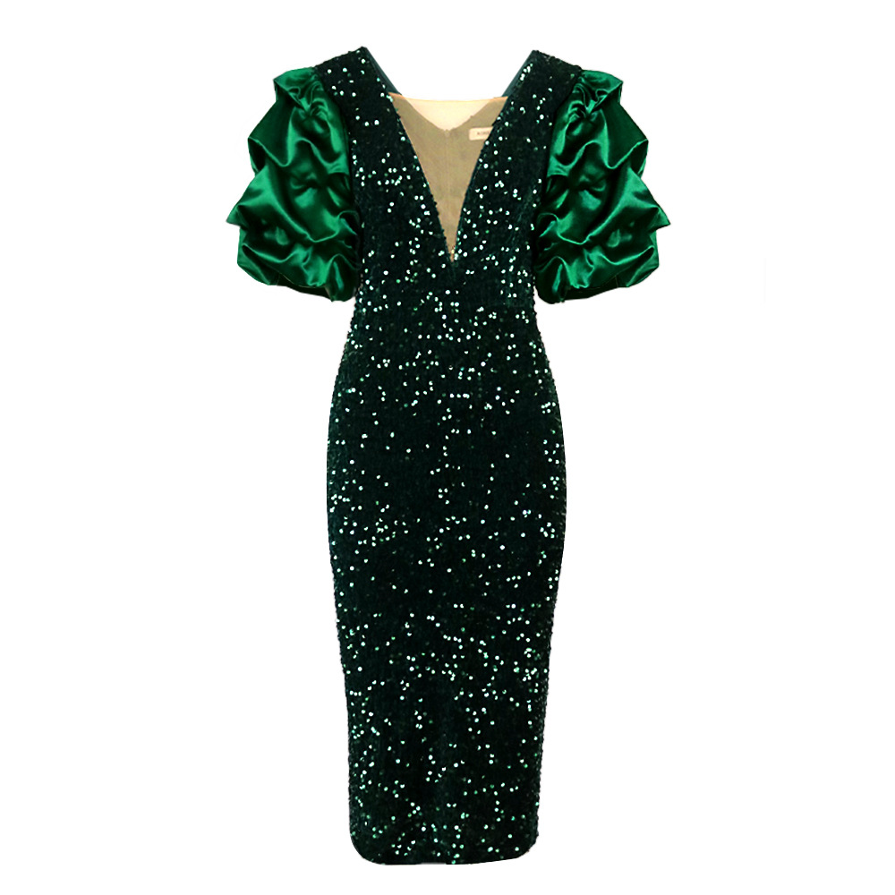Maxct Am1117 Sexy V-neck Pile Sleeve Dress High Waist V Back Party Sequined Dress Dress Dresses