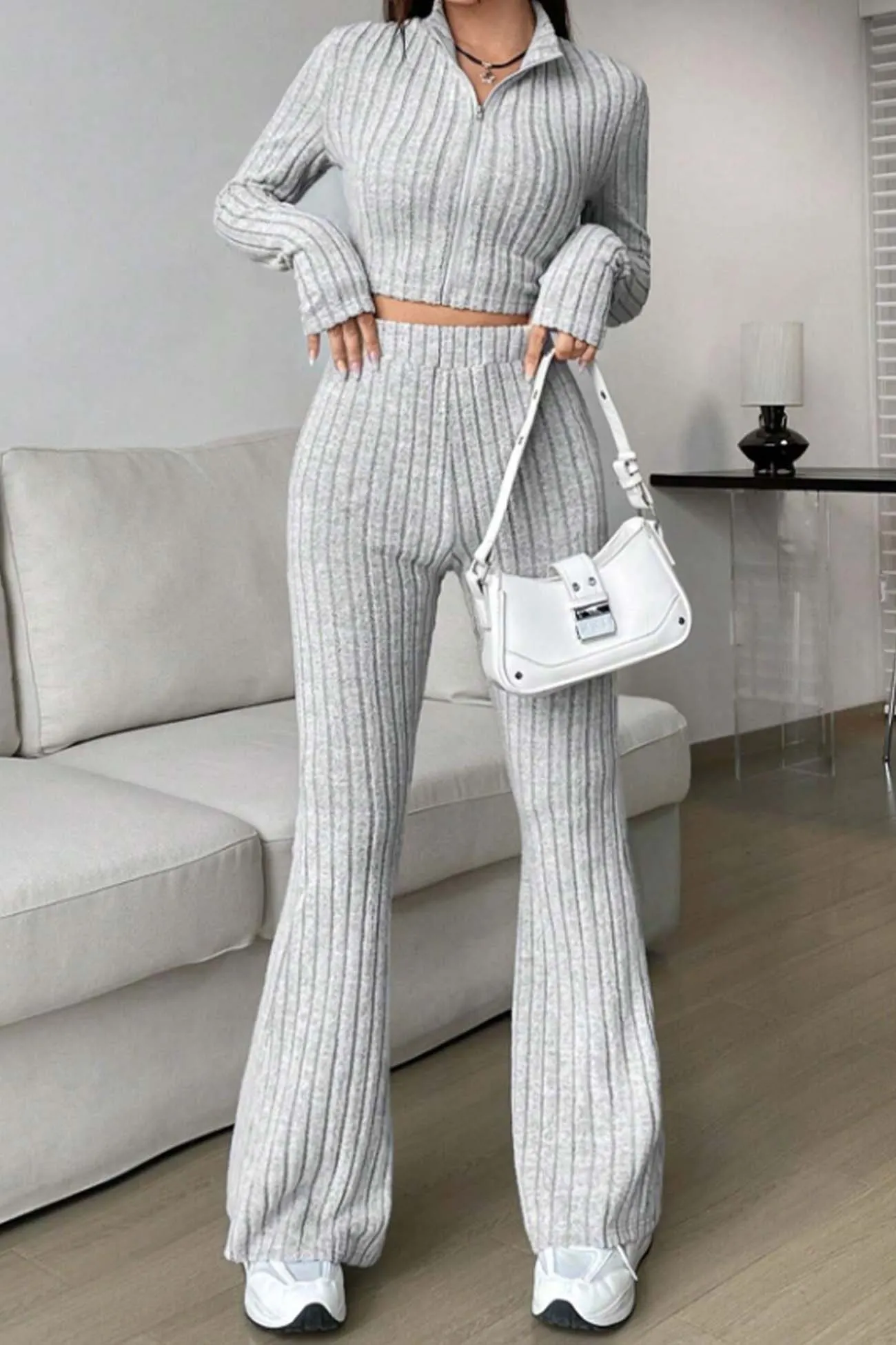 Maxct Zip Long Sleeve Ribbed Flared Pants Set
